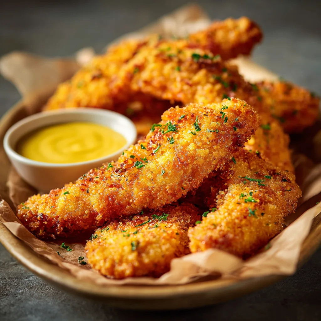 Crispy golden air fryer chicken tenders served with honey mustard dipping sauce, on parchment paper, warm natural lighting.