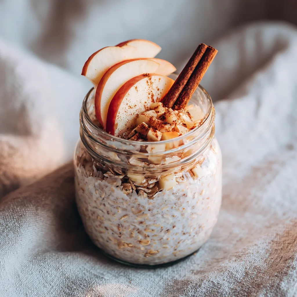 Mason jar filled with creamy apple cinnamon overnight oats topped with fresh apple slices, chopped walnuts, and cinnamon stick