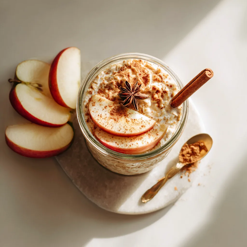 Mason jar filled with creamy apple cinnamon overnight oats topped with fresh apple slices, chopped walnuts, and cinnamon stick