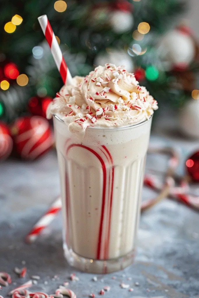 Candy Cane Protein Shake in festive glass with whipped cream and crushed candy canes
