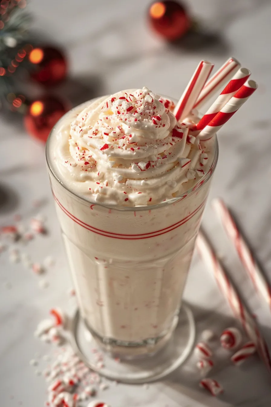 Candy Cane Protein Shake in festive glass with whipped cream and crushed candy canes