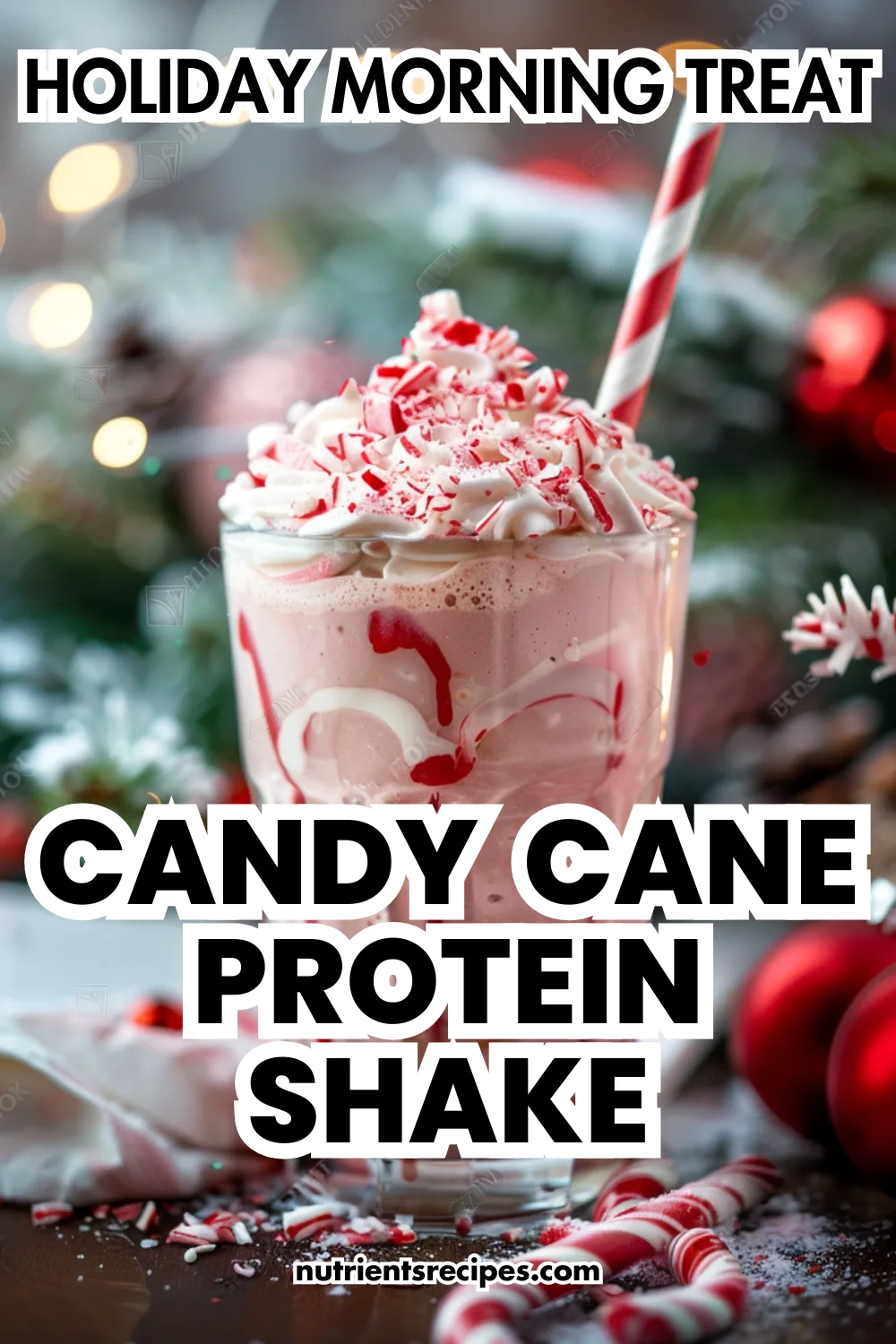 Candy Cane Protein Shake in festive glass with whipped cream and crushed candy canes