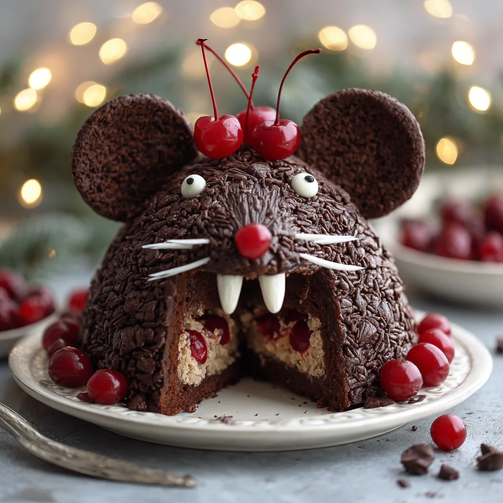 Chocolate Chaos Rat Cake filled with cherries and cream, shaped as a festive animal.