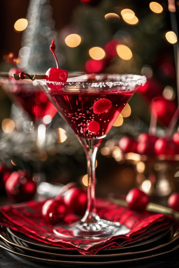 Cherry martini mocktail with sugar rim and cherries in a festive glass – family holiday