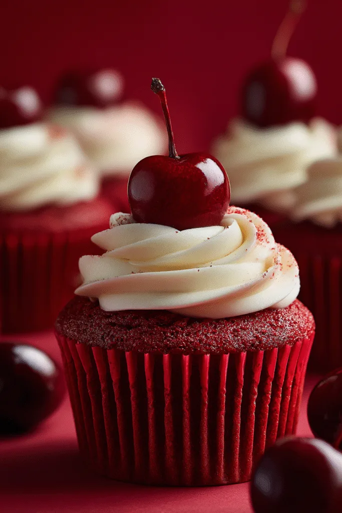 Cherry red velvet cupcakes with cream cheese frosting and cherry garnish—festive