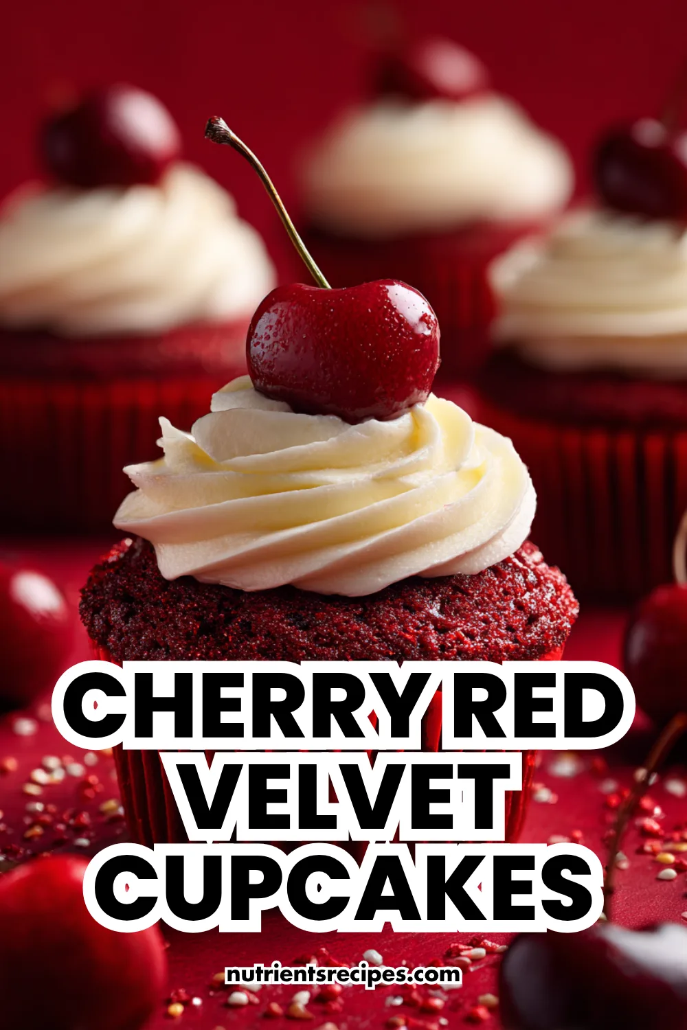 Cherry red velvet cupcakes with cream cheese frosting and cherry garnish—festive