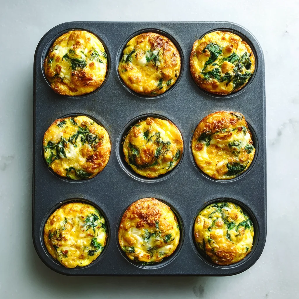 Golden brown chickpea and spinach egg muffins in muffin tin showing fluffy texture with visible spinach and chickpeas throughout