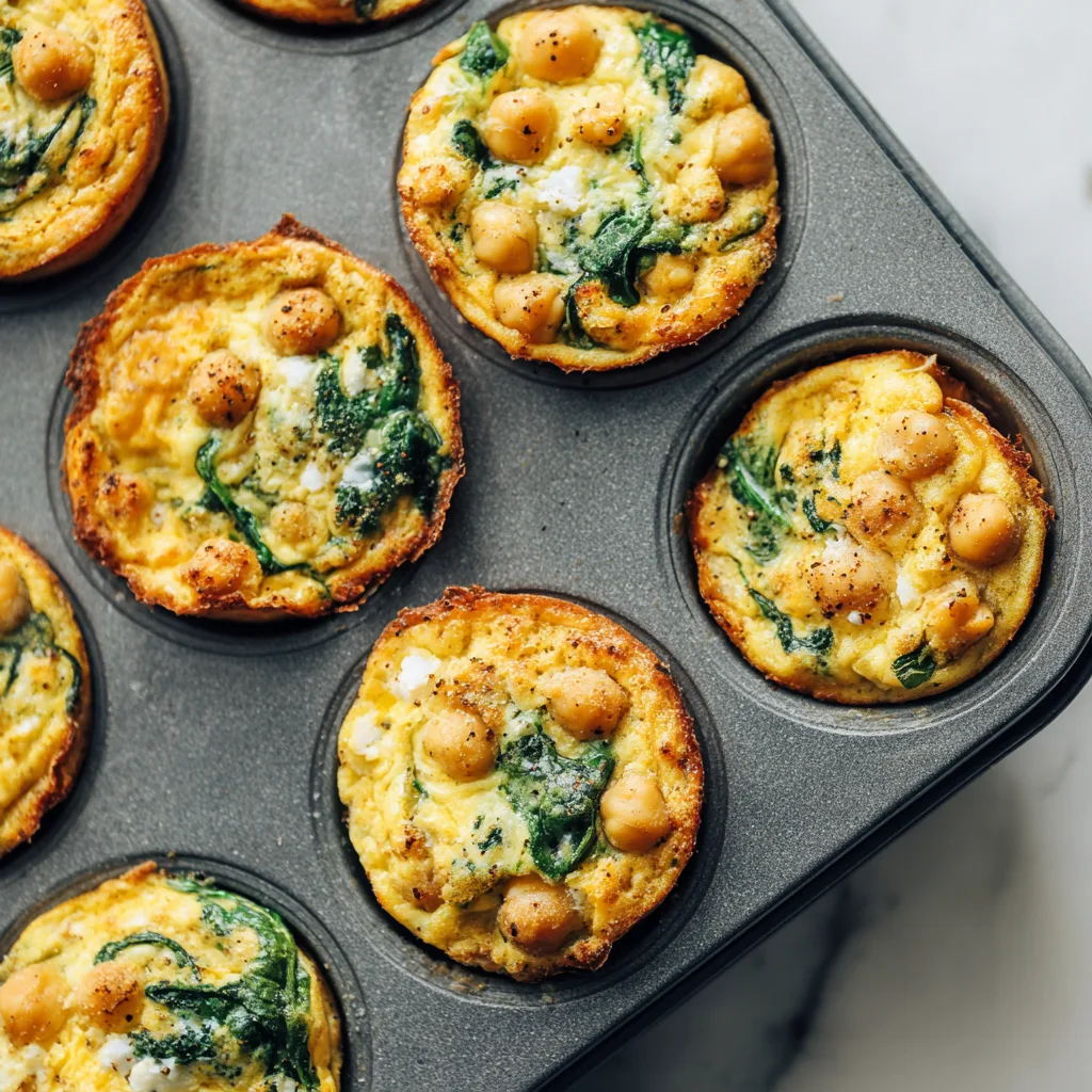 Golden brown chickpea and spinach egg muffins in muffin tin showing fluffy texture with visible spinach and chickpeas throughout