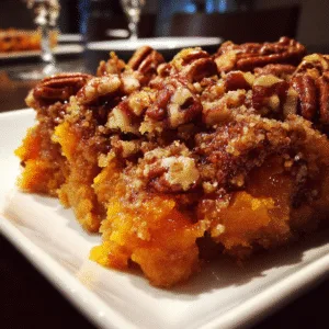 Classic holiday sweet potato casserole topped with golden brown pecan crumble in a white baking dish