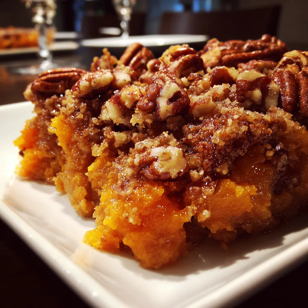 Classic holiday sweet potato casserole topped with golden brown pecan crumble in a white baking dish