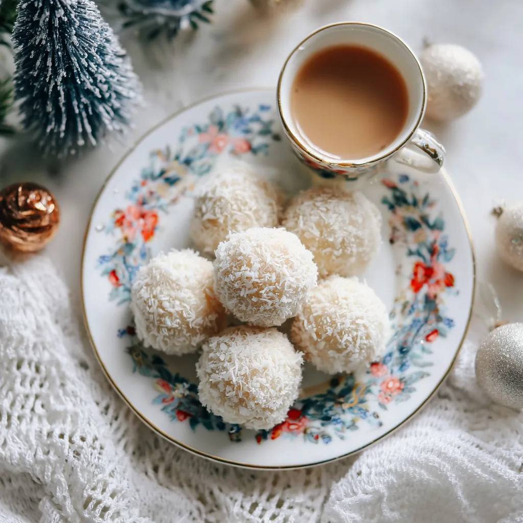 White coconut protein snowballs coated in shredded coconut arranged on white plate in bright natural kitchen light.