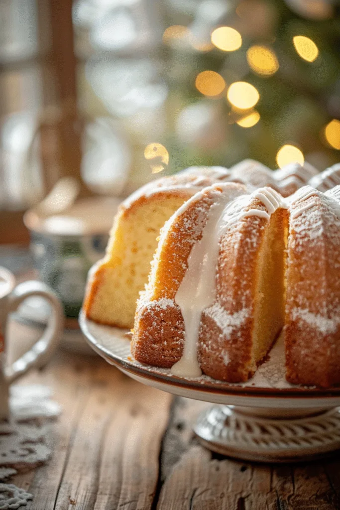 Sliced cream soda pound cake on a platter with white icing and powdered sugar.