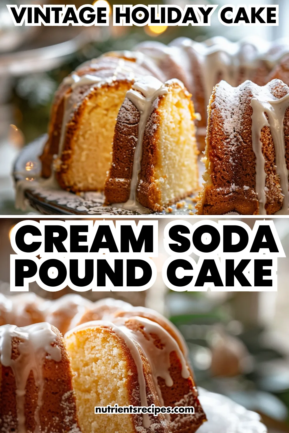 Sliced cream soda pound cake on a platter with white icing and powdered sugar.