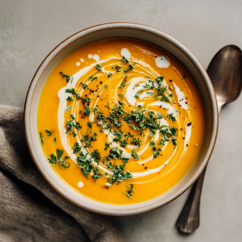 Bowl of creamy butternut squash soup garnished with toasted pumpkin seeds, coconut milk drizzle, and fresh herbs on rustic background