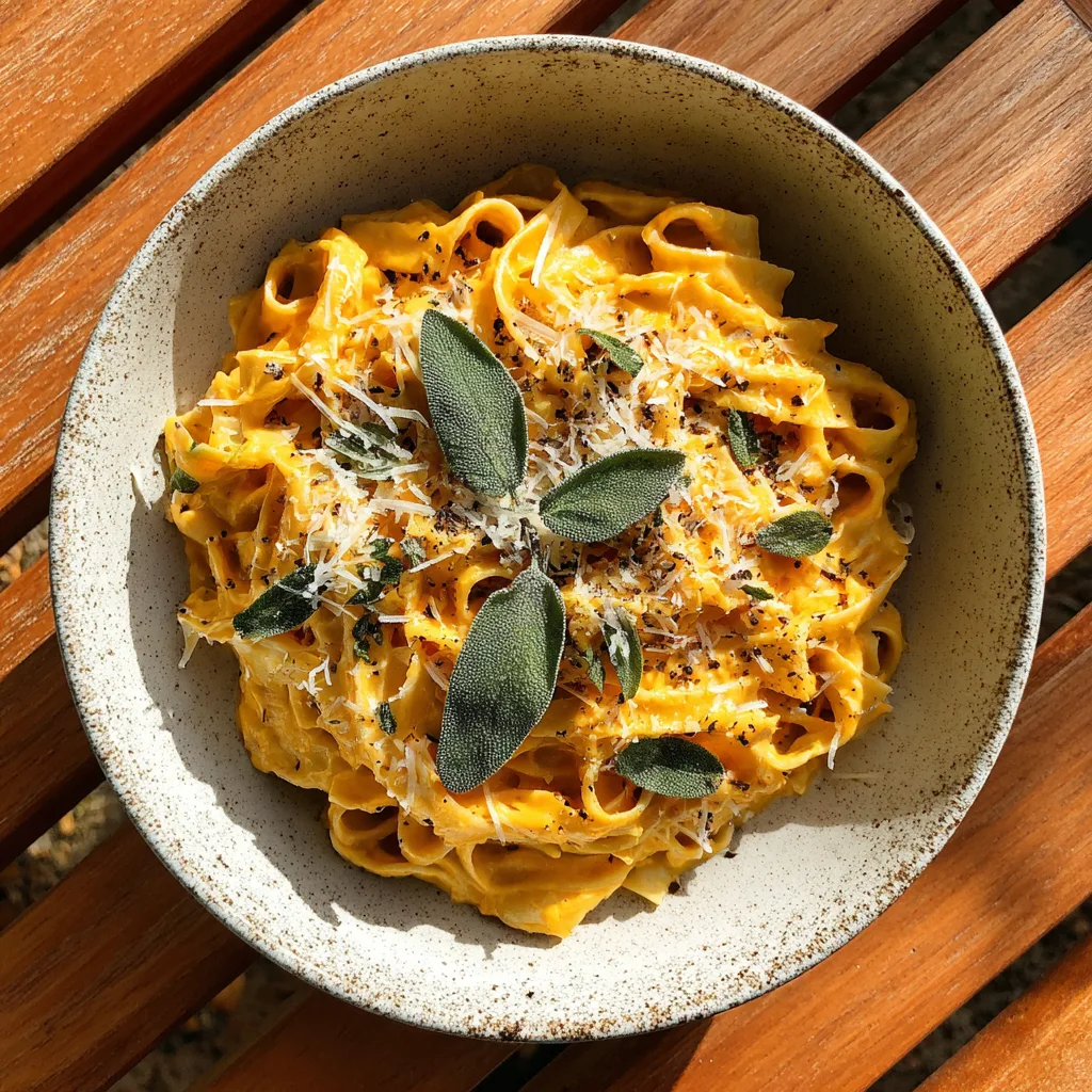 Creamy pumpkin fettuccine topped with Parmesan and sage in a bowl.