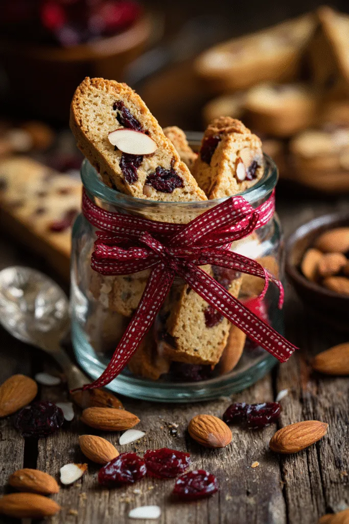 Biscotti cookies with sliced almonds and dried cherries in a festive jar