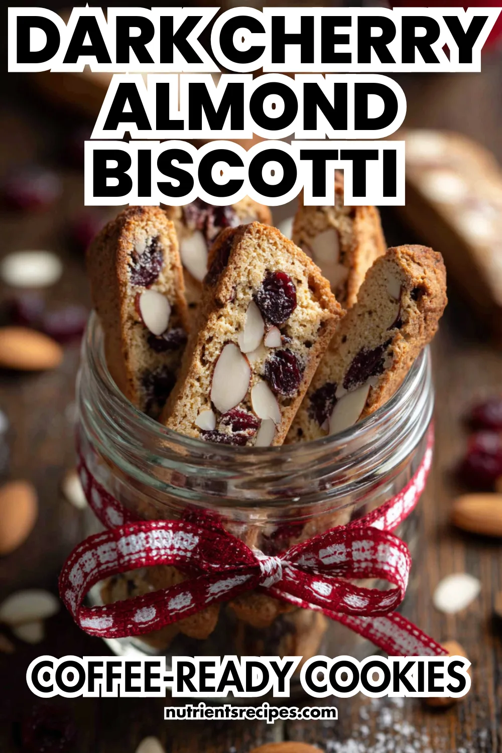 Biscotti cookies with sliced almonds and dried cherries in a festive jar