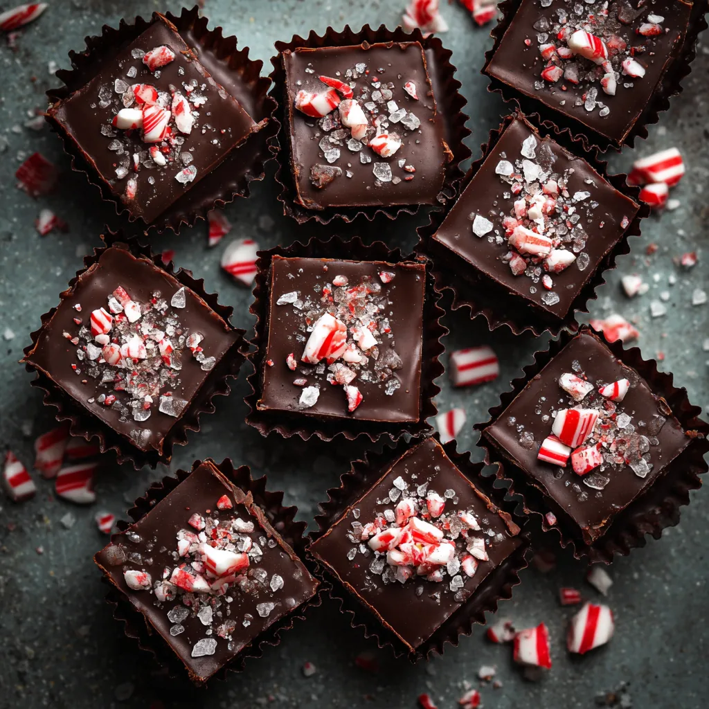 Dark Chocolate Peppermint Bark Bites n Dark chocolate peppermint bark bites with crushed peppermint on white ceramic plate in soft natural light.