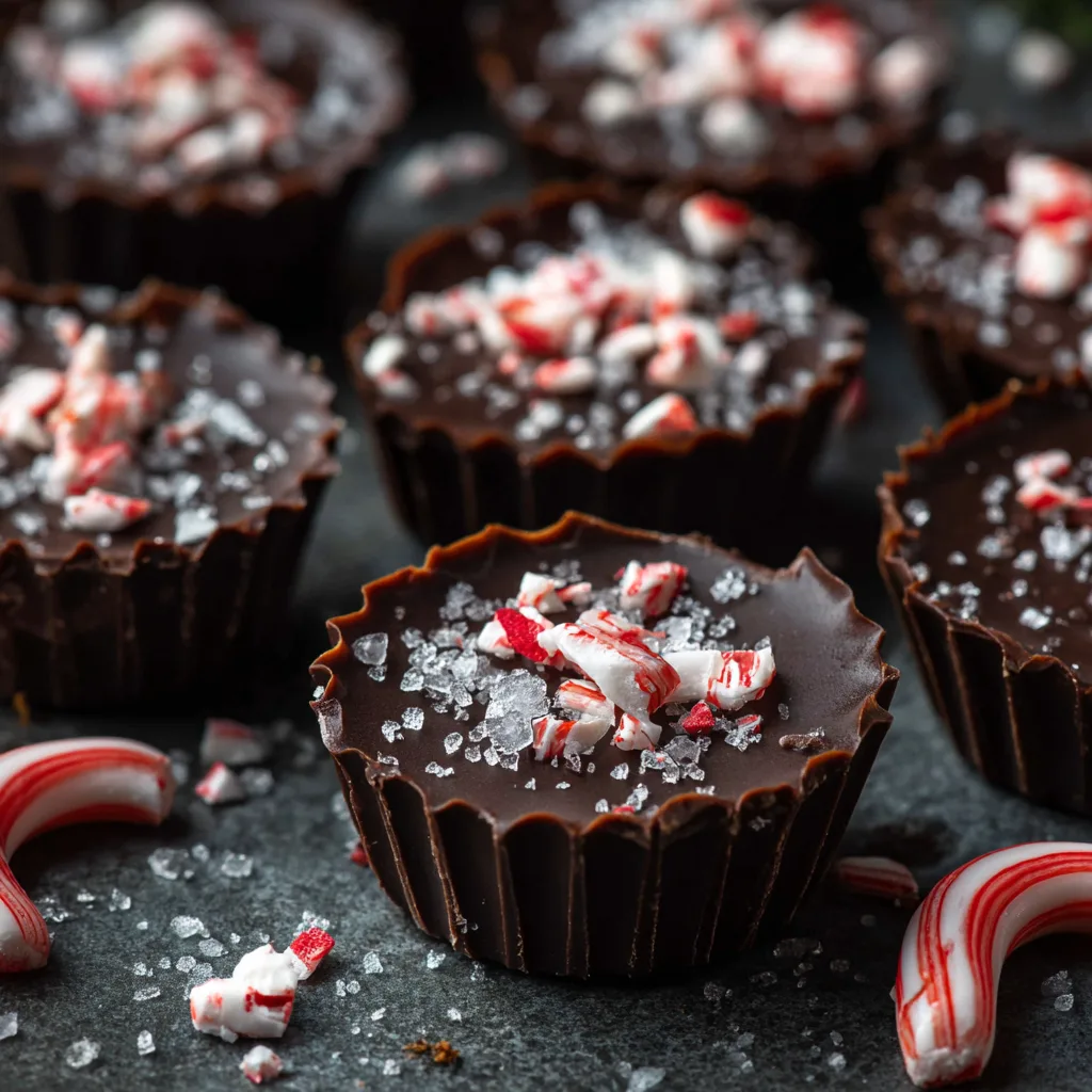 Dark chocolate peppermint bark bites with crushed peppermint on white ceramic plate in soft natural light.