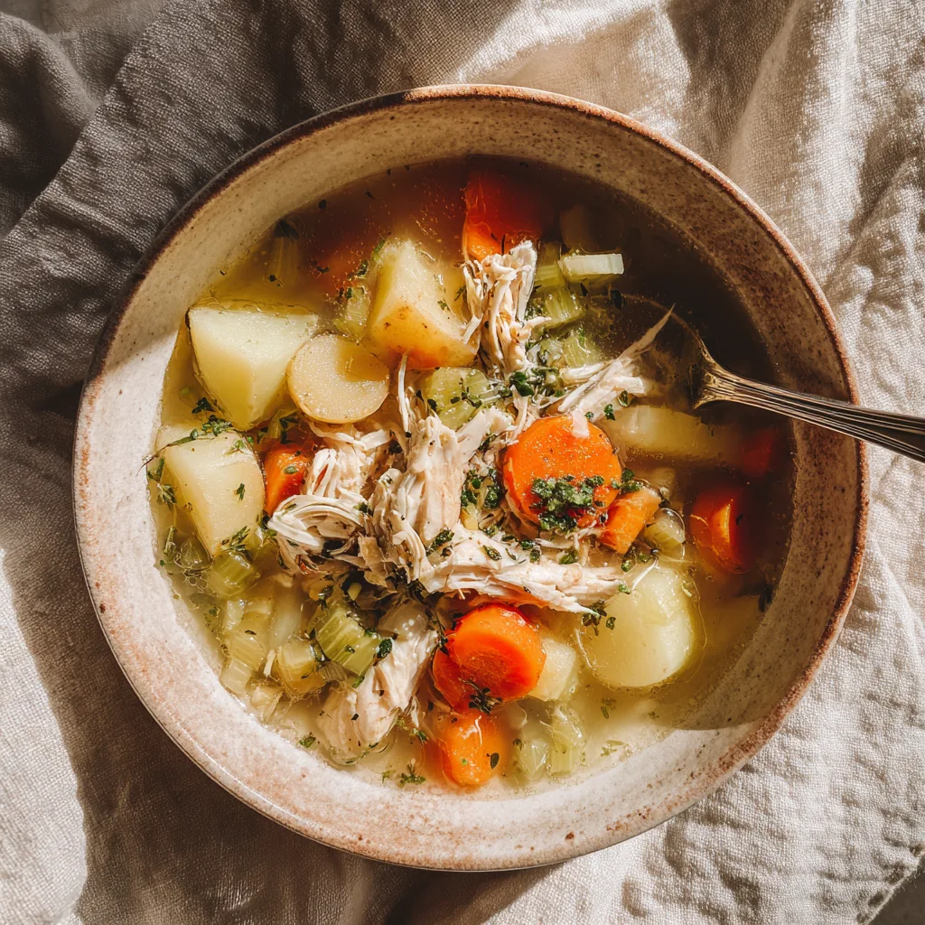 Crockpot Chicken and Vegetable Soup: Slow cooker chicken and vegetable soup in a bowl with carrots, celery, and potatoes.