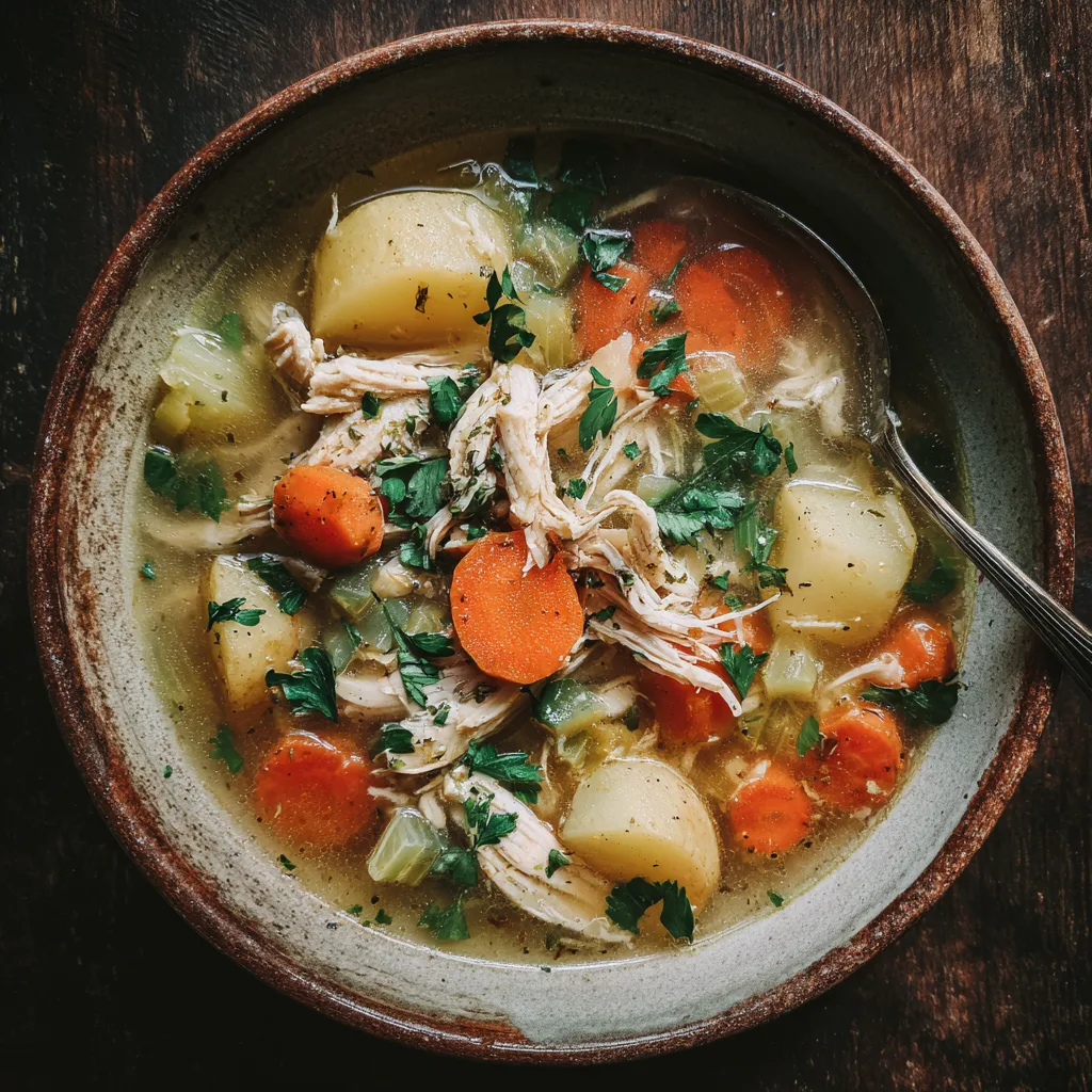 Crockpot Chicken and Vegetable Soup:  Slow cooker chicken and vegetable soup in a bowl with carrots, celery, and potatoes.