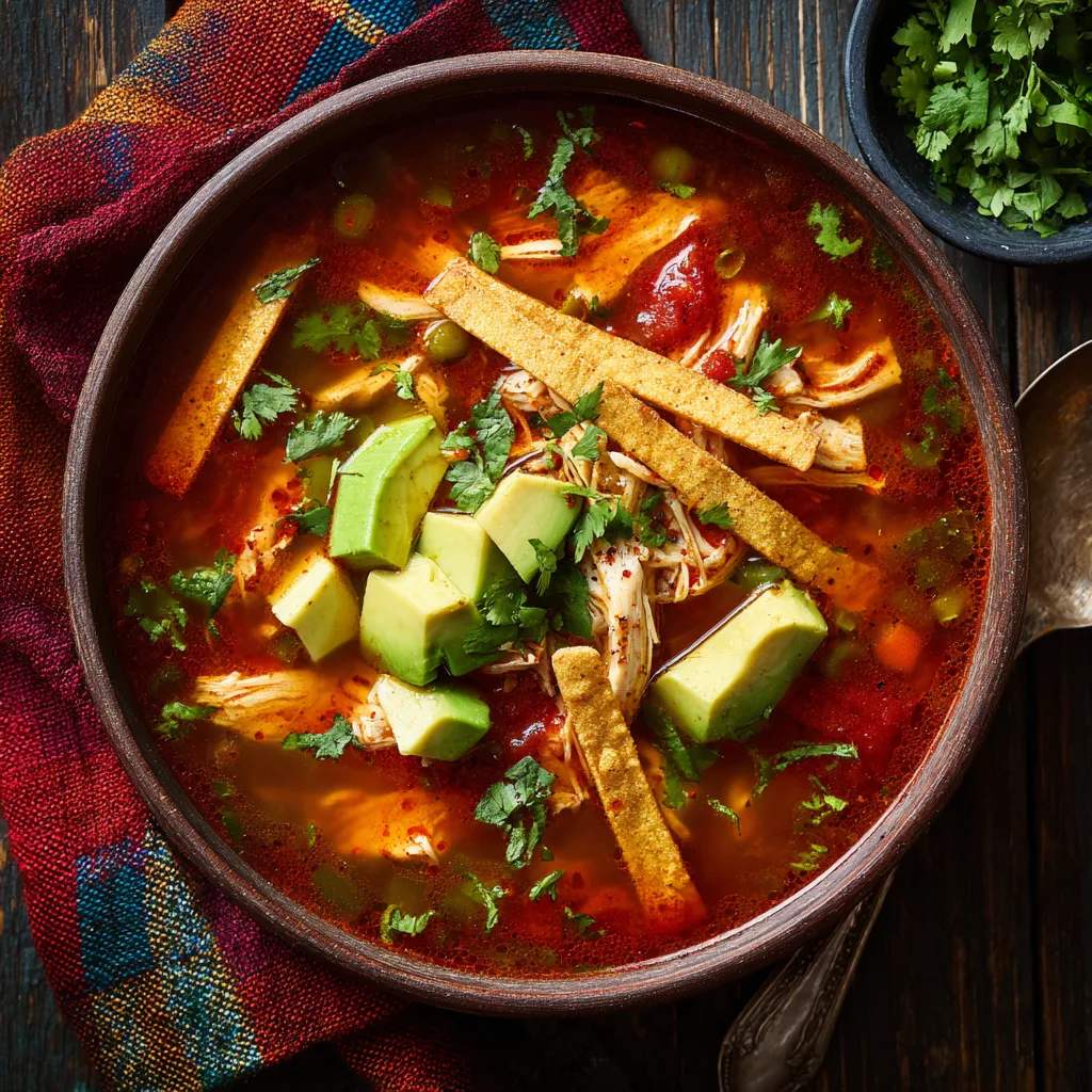 Chicken tortilla soup with avocado, tortilla strips, and cilantro in a bowl.