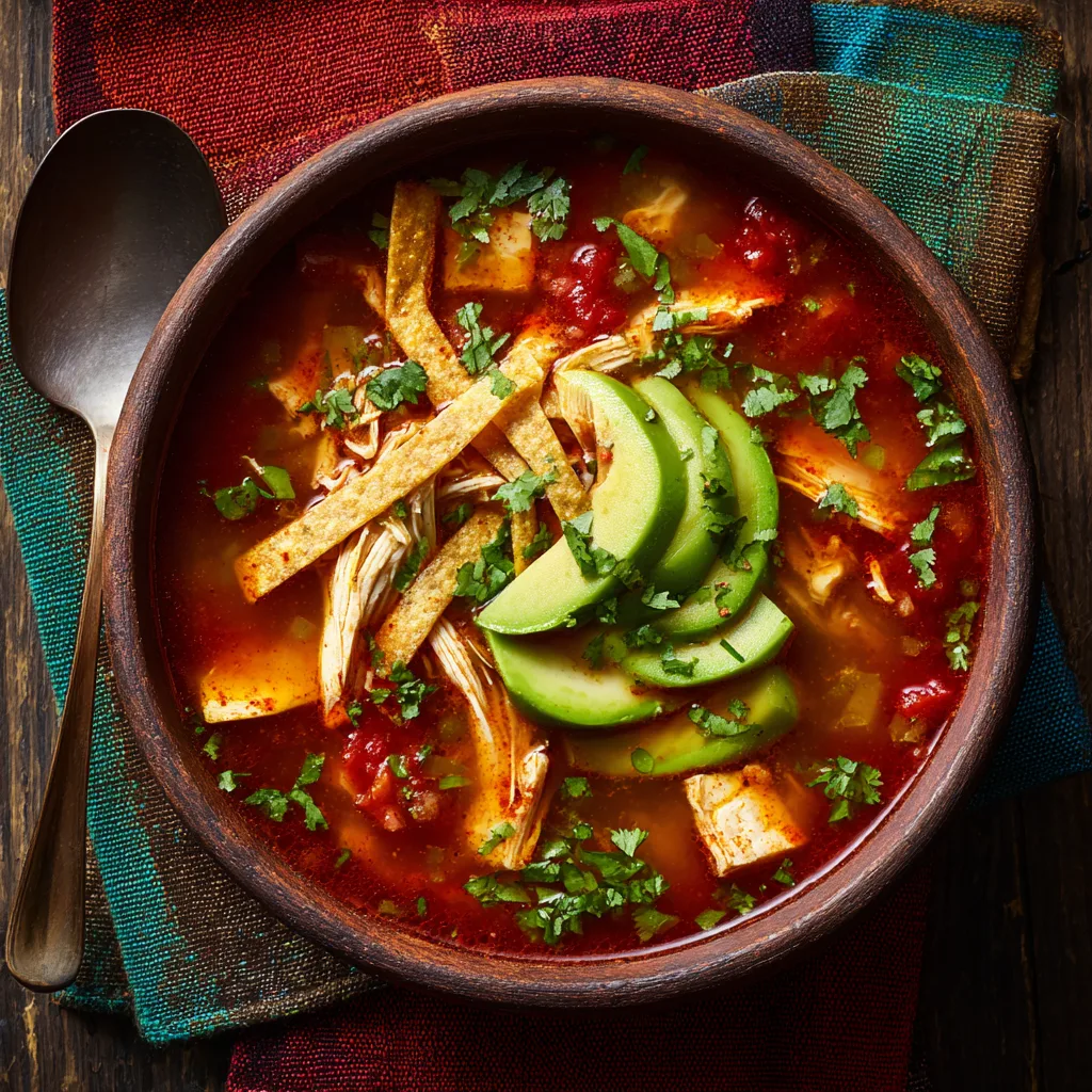Chicken tortilla soup with avocado, tortilla strips, and cilantro in a bowl.
