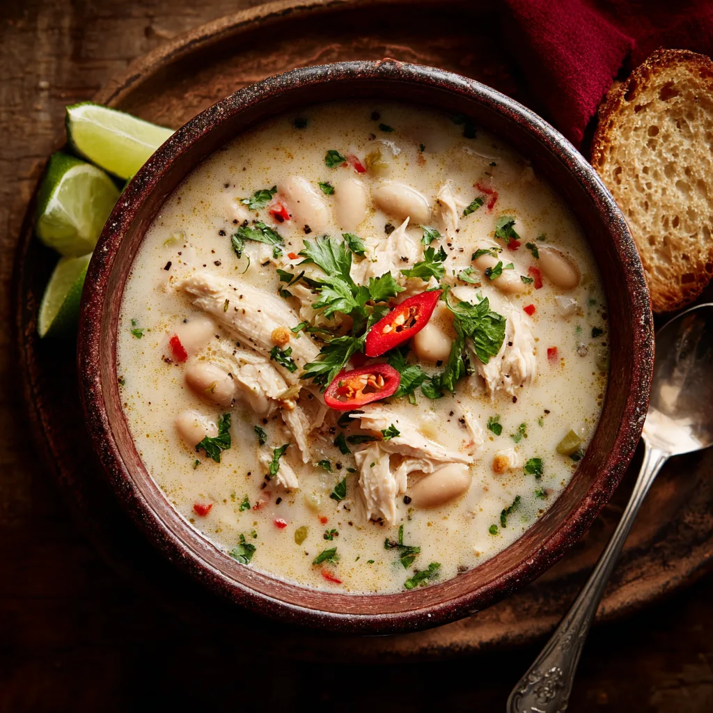 Dump‑and‑Go White Chicken Chili n Creamy white chicken chili with beans and corn in a bowl, topped with yogurt and cilantro.