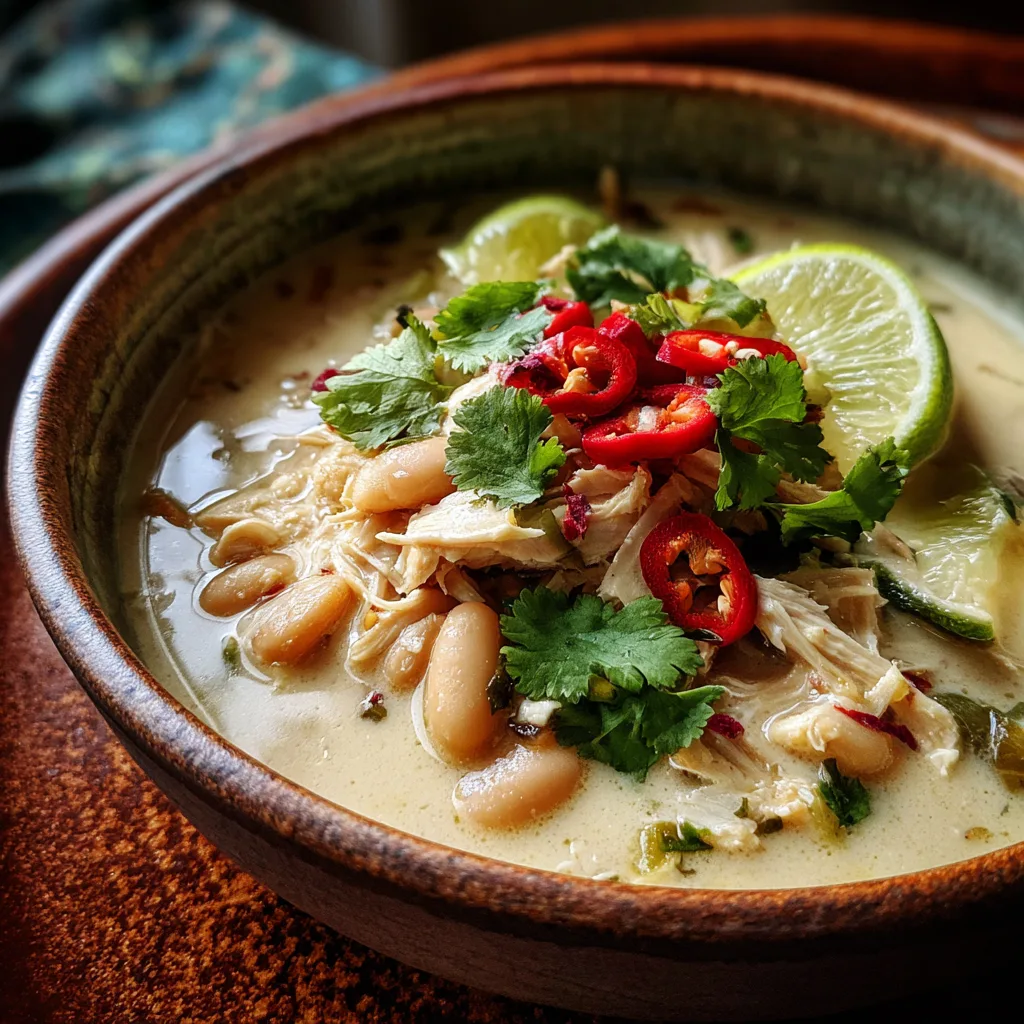 Creamy white chicken chili with beans and corn in a bowl, topped with yogurt and cilantro.