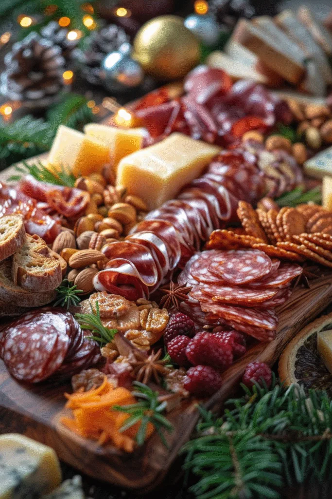 Festive charcuterie board loaded with meats, cheese, fruit, nuts, crackers, and rosemary garnish