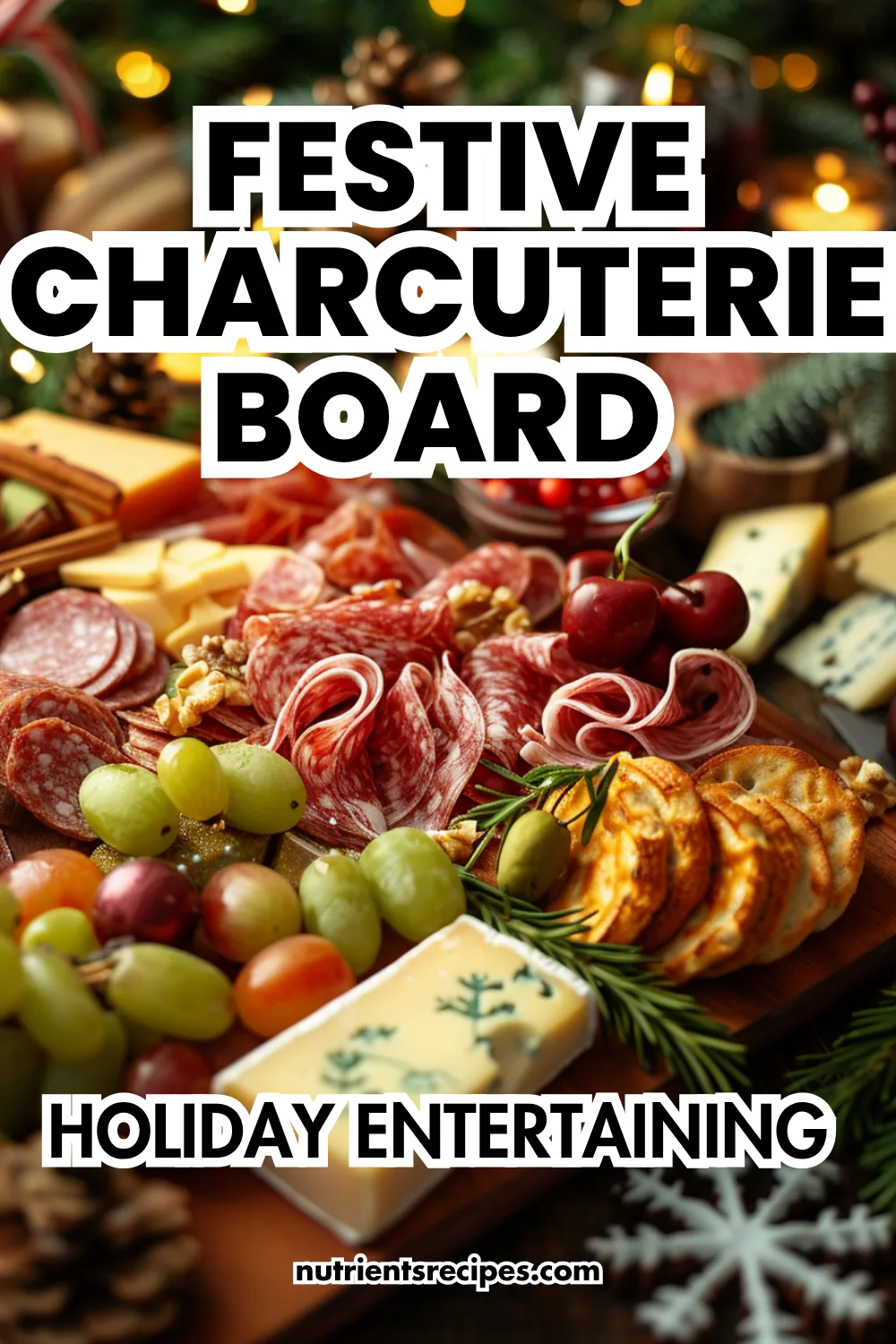 Festive charcuterie board loaded with meats, cheese, fruit, nuts, crackers, and rosemary garnish