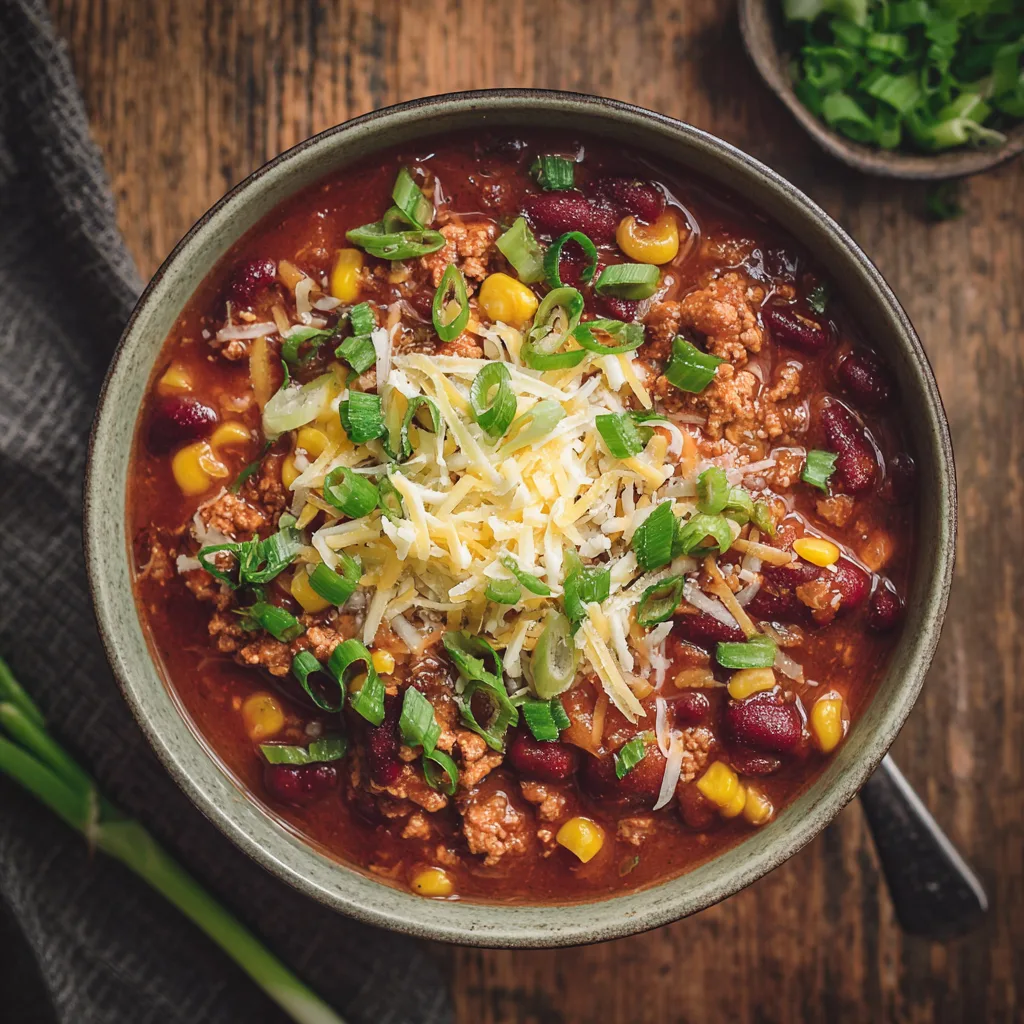 Crockpot turkey chili with beans and corn topped with cilantro in a bowl.