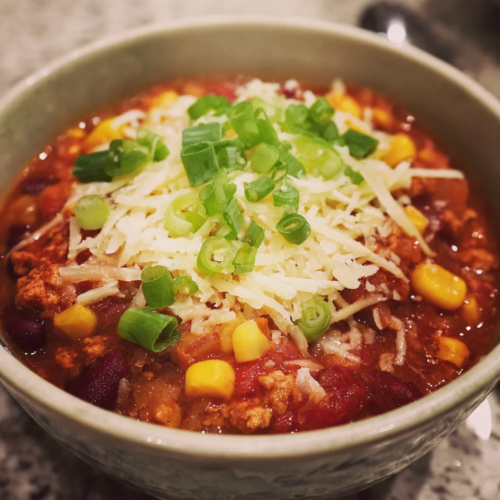 Healthy Crockpot Turkey Chili: Crockpot turkey chili with beans and corn topped with cilantro in a bowl.