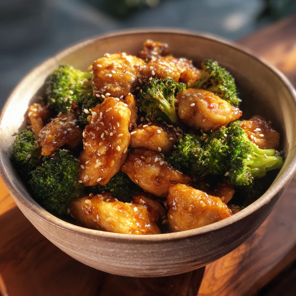 Crockpot honey garlic chicken with broccoli and sesame seeds in a bowl.