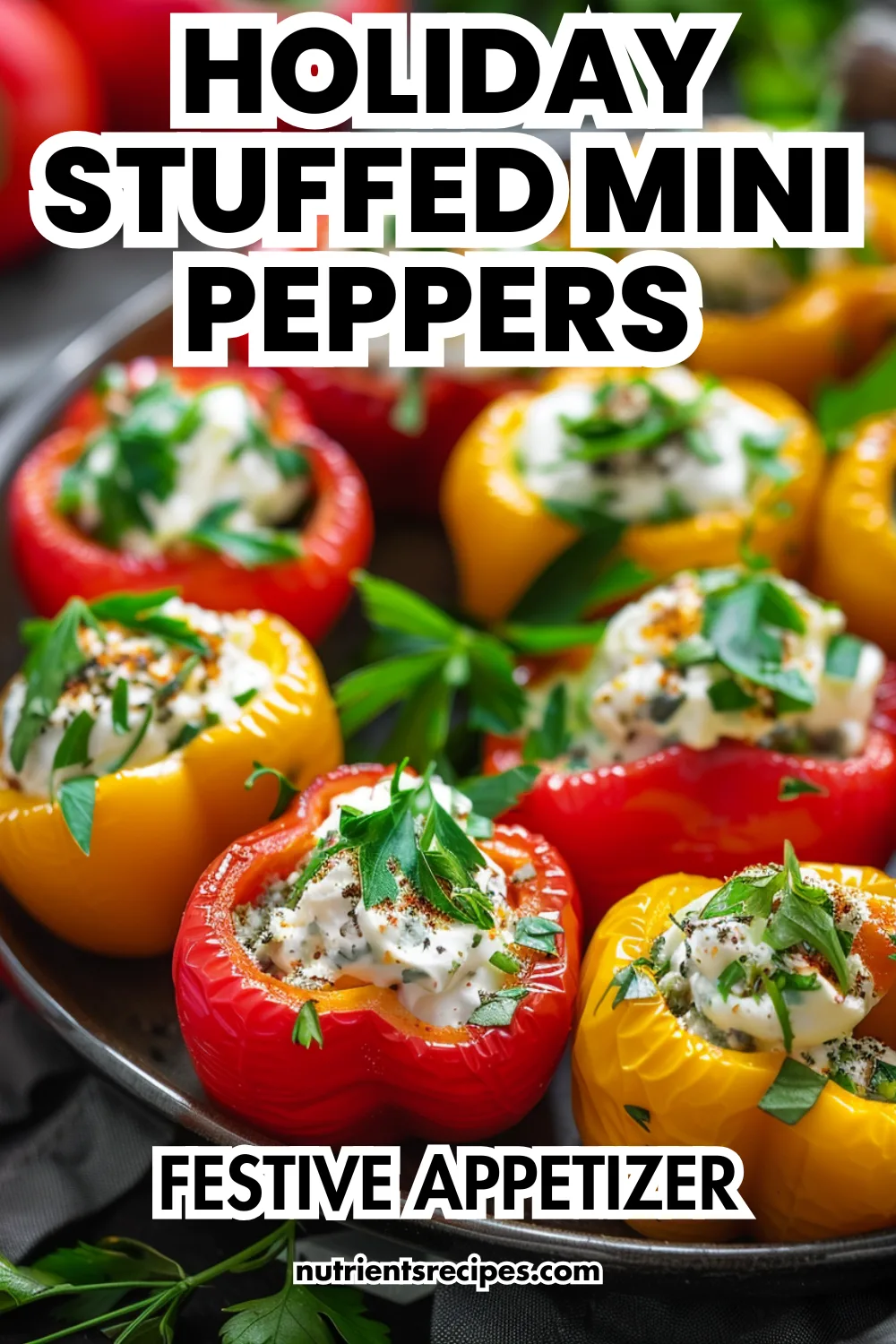 Mini peppers stuffed with creamy herbed cheese, topped with fresh parsley—holiday appetizer