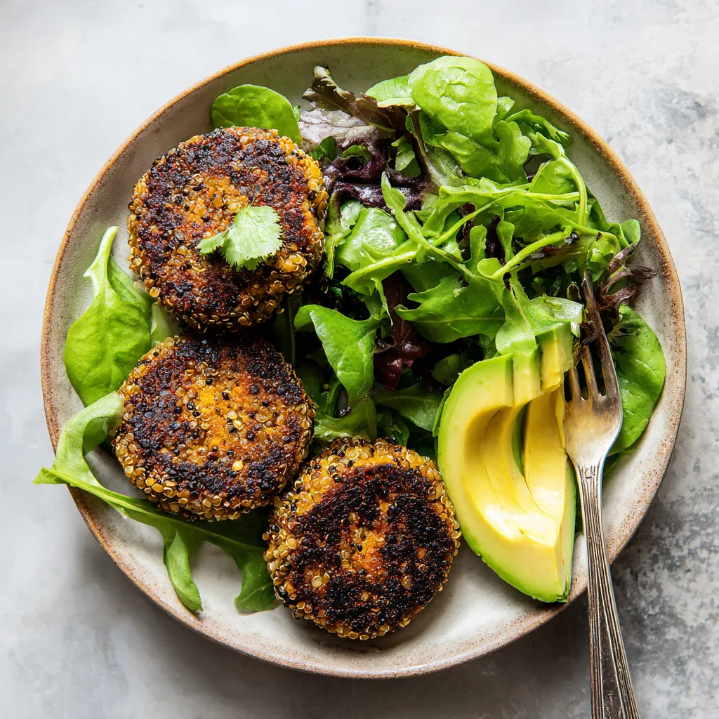 Golden brown lentil and quinoa burger patty on whole grain bun with fresh lettuce, sliced tomato, avocado, and sauce