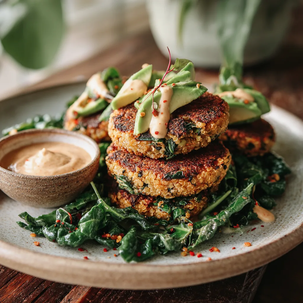 Lentil and Quinoa Burger Patties: Golden brown lentil and quinoa burger patty on whole grain bun with fresh lettuce, sliced tomato, avocado, and sauce
