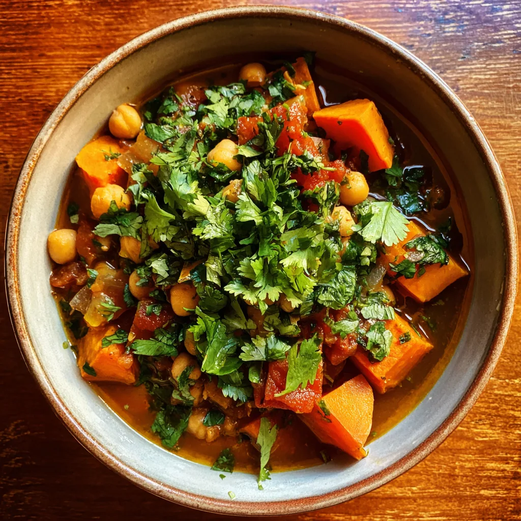 Moroccan Chickpea Stew nn Slow Cooker Moroccan Chickpea Stew: Moroccan chickpea stew with sweet potatoes and cilantro in a bowl.