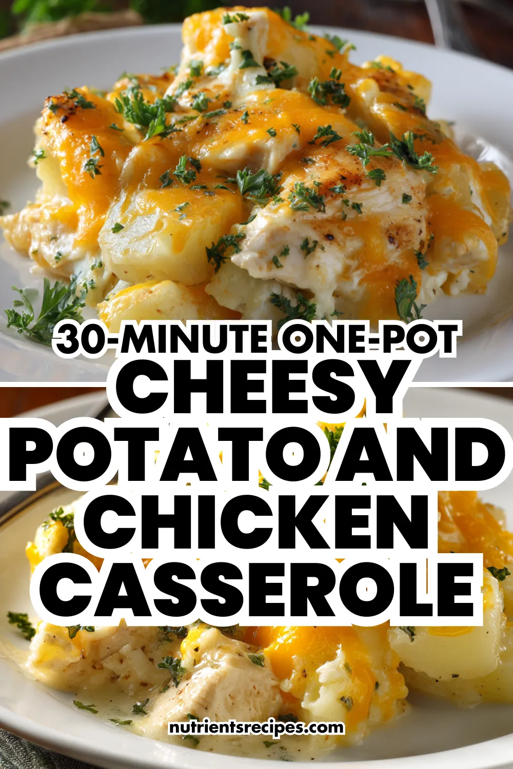 One-pot cheesy potato and chicken casserole in a skillet with melted cheese—quick dinner