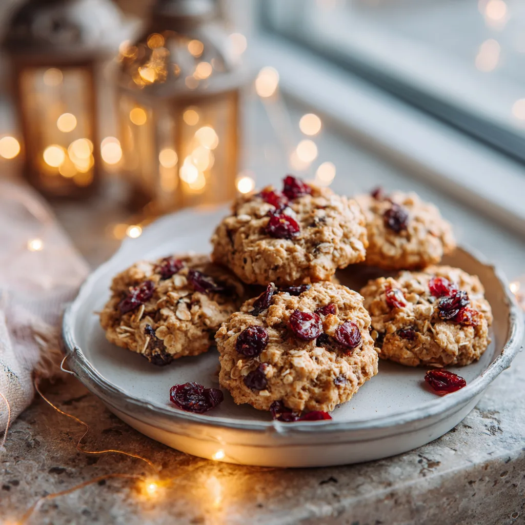 Stack of oatmeal cranberry protein cookies on white plate in bright natural kitchen light showing texture.