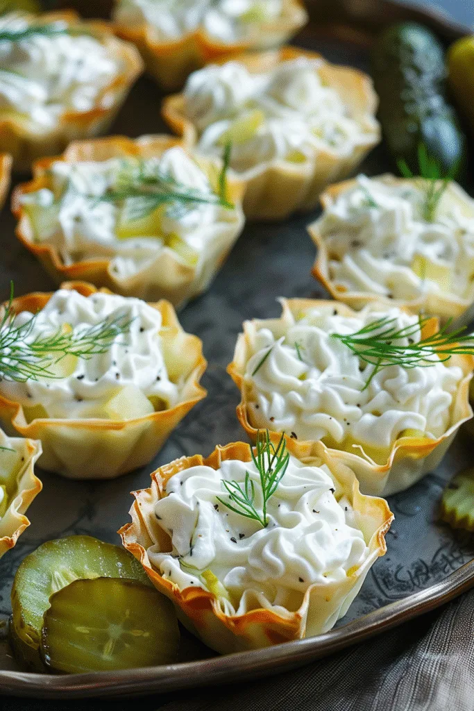 Phyllo cups with creamy pickle dip and pickle chips—trendy party appetizer