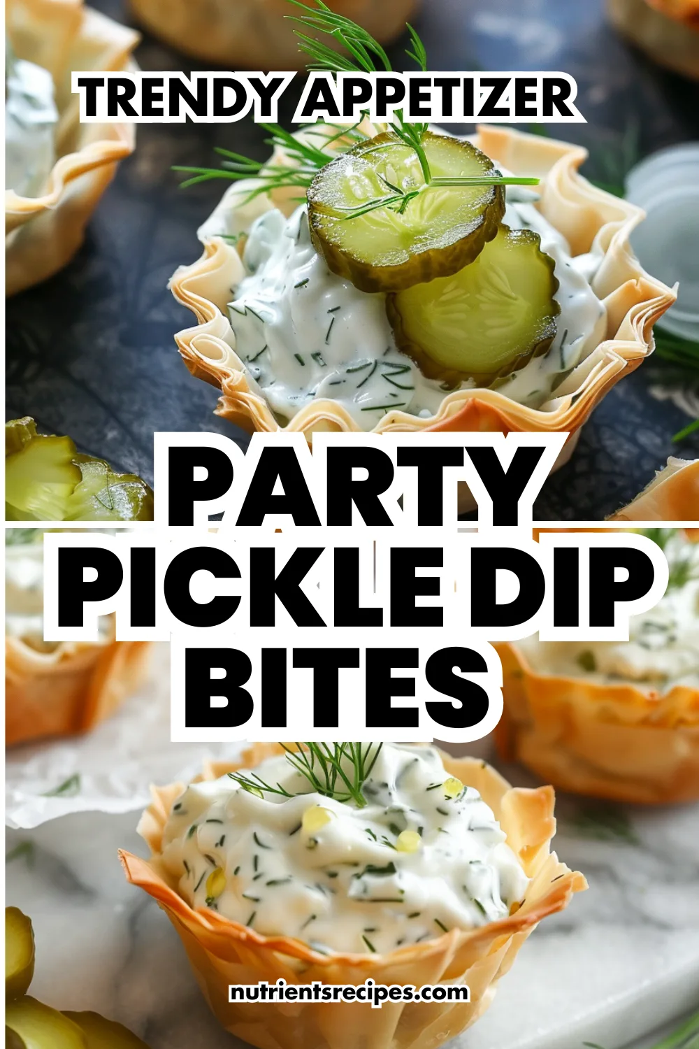 Phyllo cups with creamy pickle dip and pickle chips—trendy party appetizer
