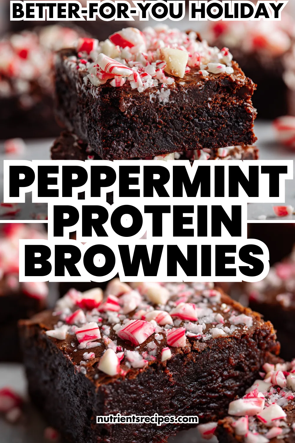 Thick fudgy protein brownies topped with crushed peppermint—better-for-you holiday dessert