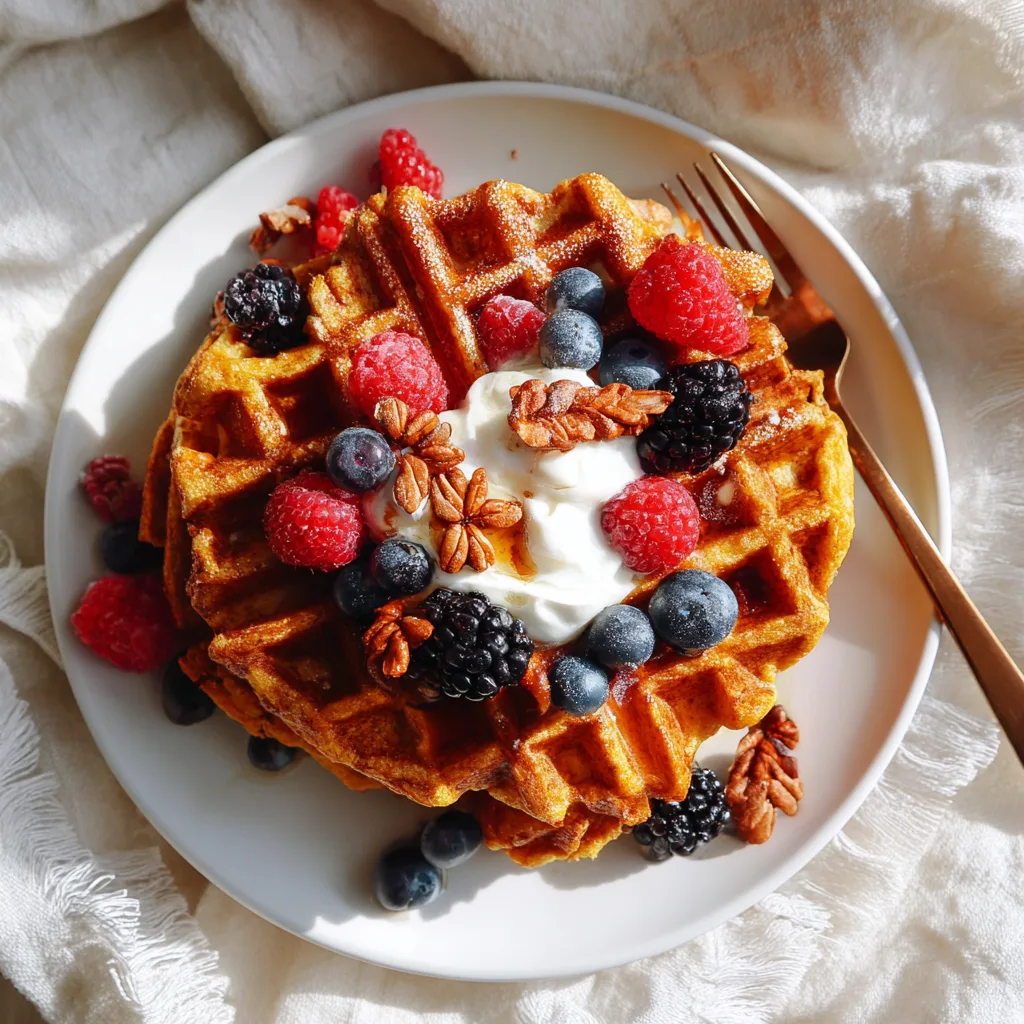Stack of golden brown pumpkin spice protein waffles topped with Greek yogurt, fresh berries, and chopped pecans on white plate