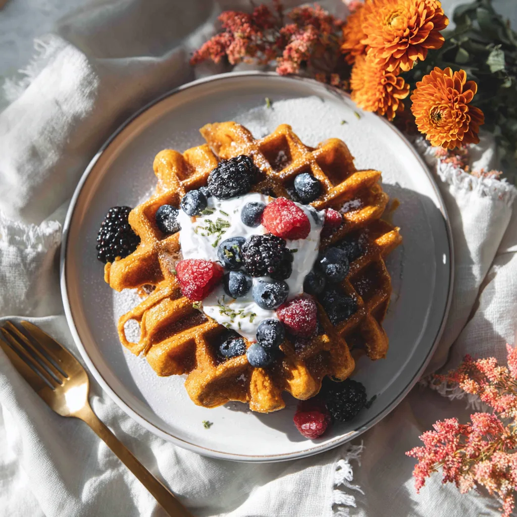 Stack of golden brown pumpkin spice protein waffles topped with Greek yogurt, fresh berries, and chopped pecans on white plate
