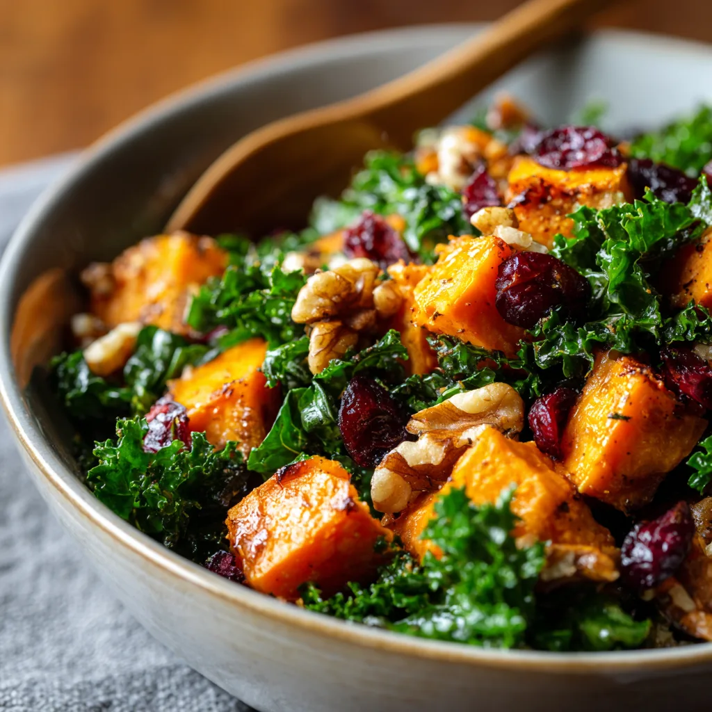 Roasted sweet potato and kale salad with dried cranberries, walnuts, and crumbled goat cheese in rustic bowl