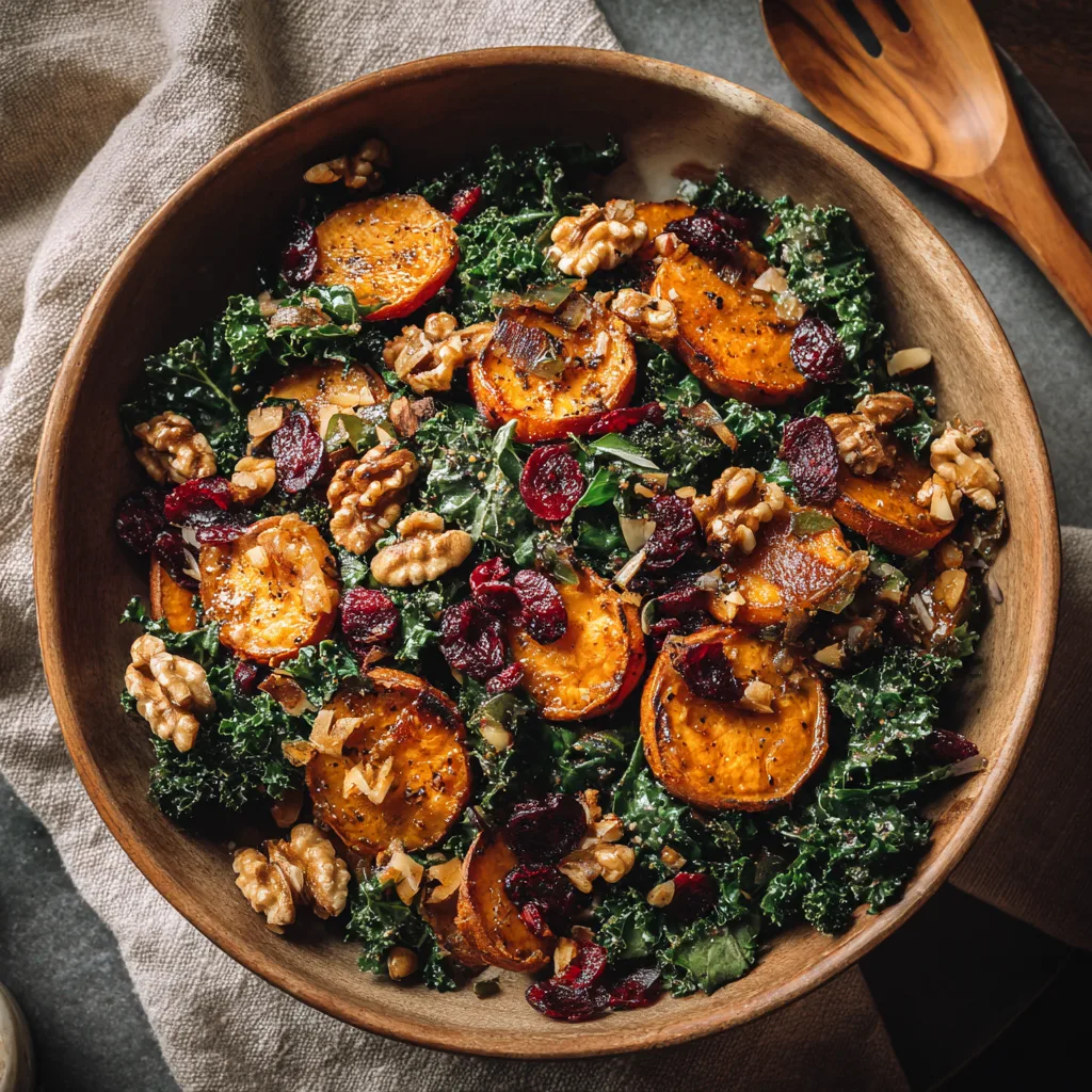 Roasted sweet potato and kale salad with dried cranberries, walnuts, and crumbled goat cheese in rustic bowl