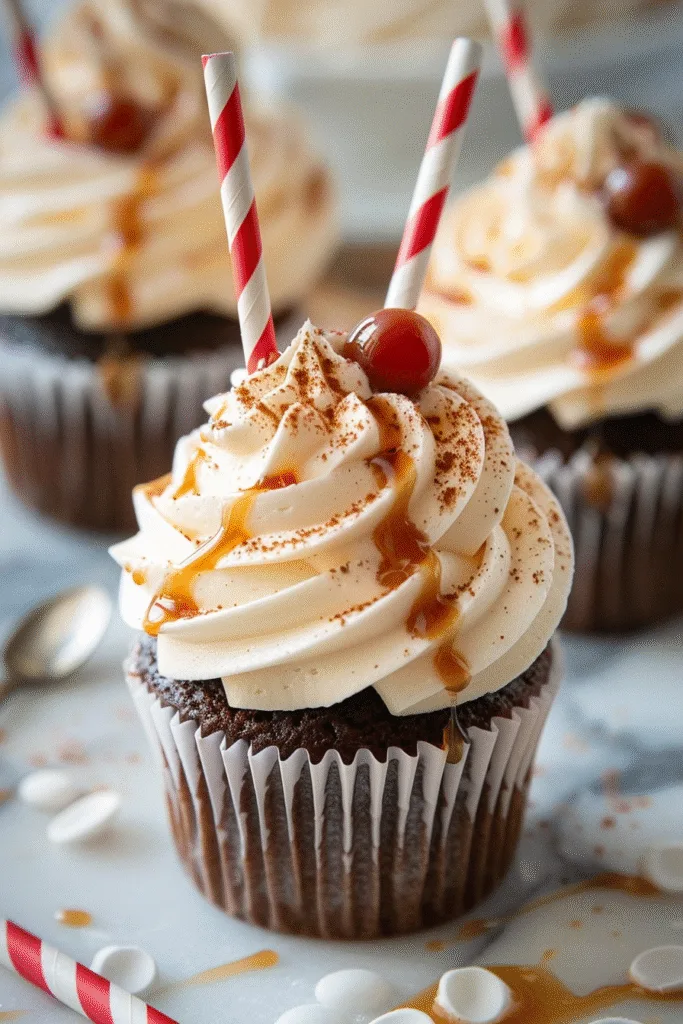 Frosted root beer float cupcakes with paper straws and maraschino cherries—retro treat