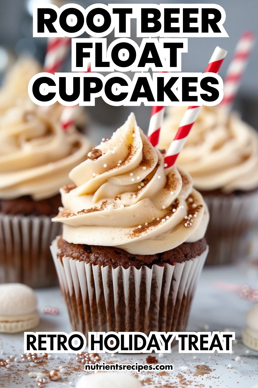 Frosted root beer float cupcakes with paper straws and maraschino cherries—retro treat