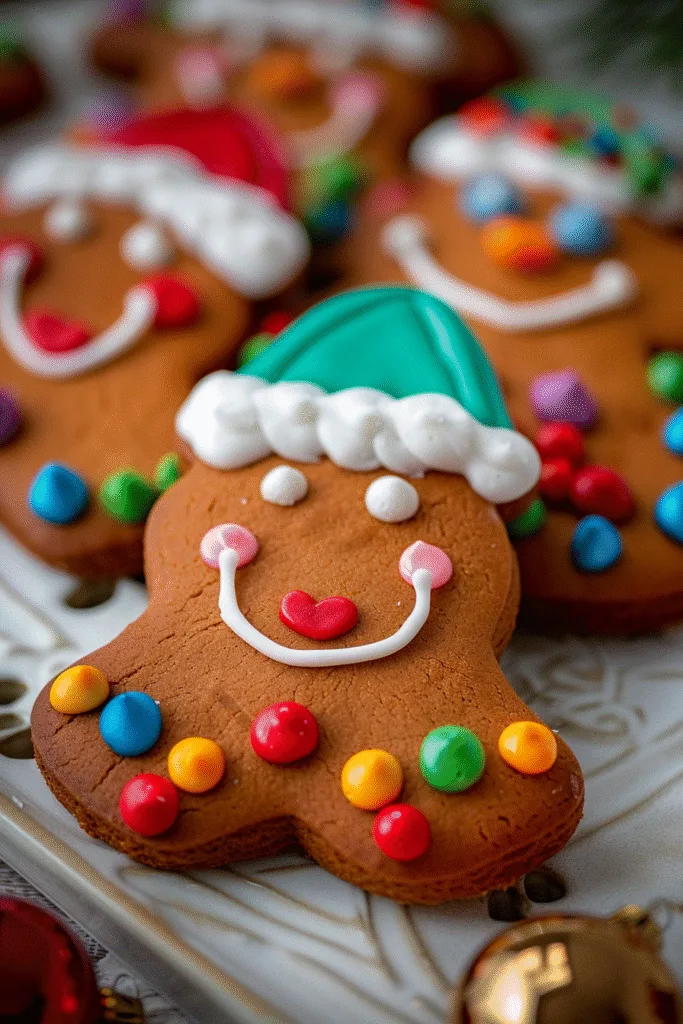 Gingerbread cakes decorated with colorful icing and candy—silly, cute Christmas baking